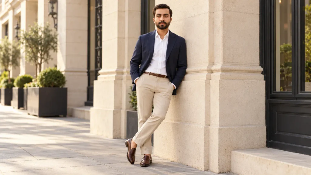 Elegant Man at Grand Stone Entrance