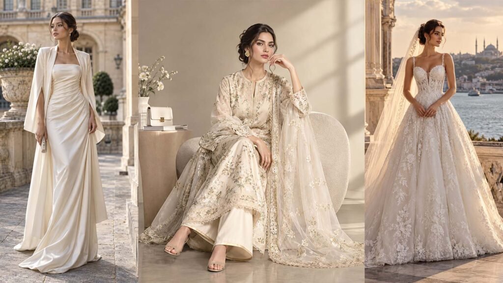 Three fashion portraits showing an ivory evening gown, embroidered cream separates and a lace bridal gown